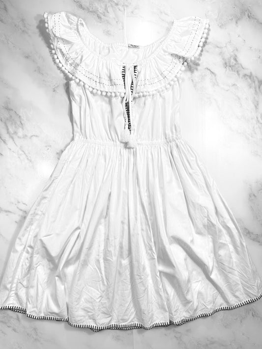 【ミュウミュウ】Miu Miu ホワイト ポンポン オフショルダー ワンピース サイズ42 (L〜XL相当) 白 エスニック ボヘミアン