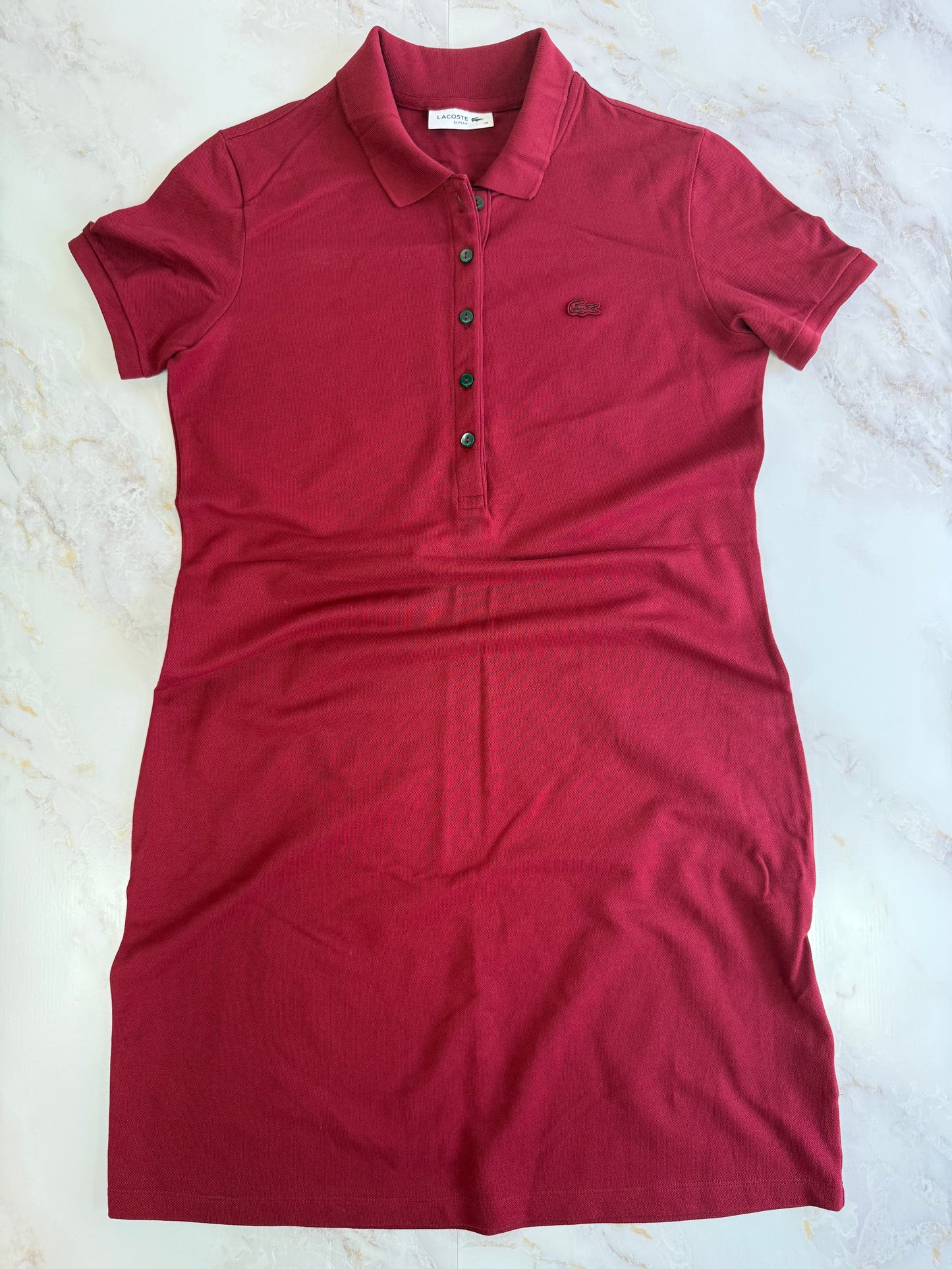 【LACOSTE】ラコステ レディース ポロシャツワンピース ボルドー 38サイズ L相当 コットンストレッチ 刺繍ロゴ入り