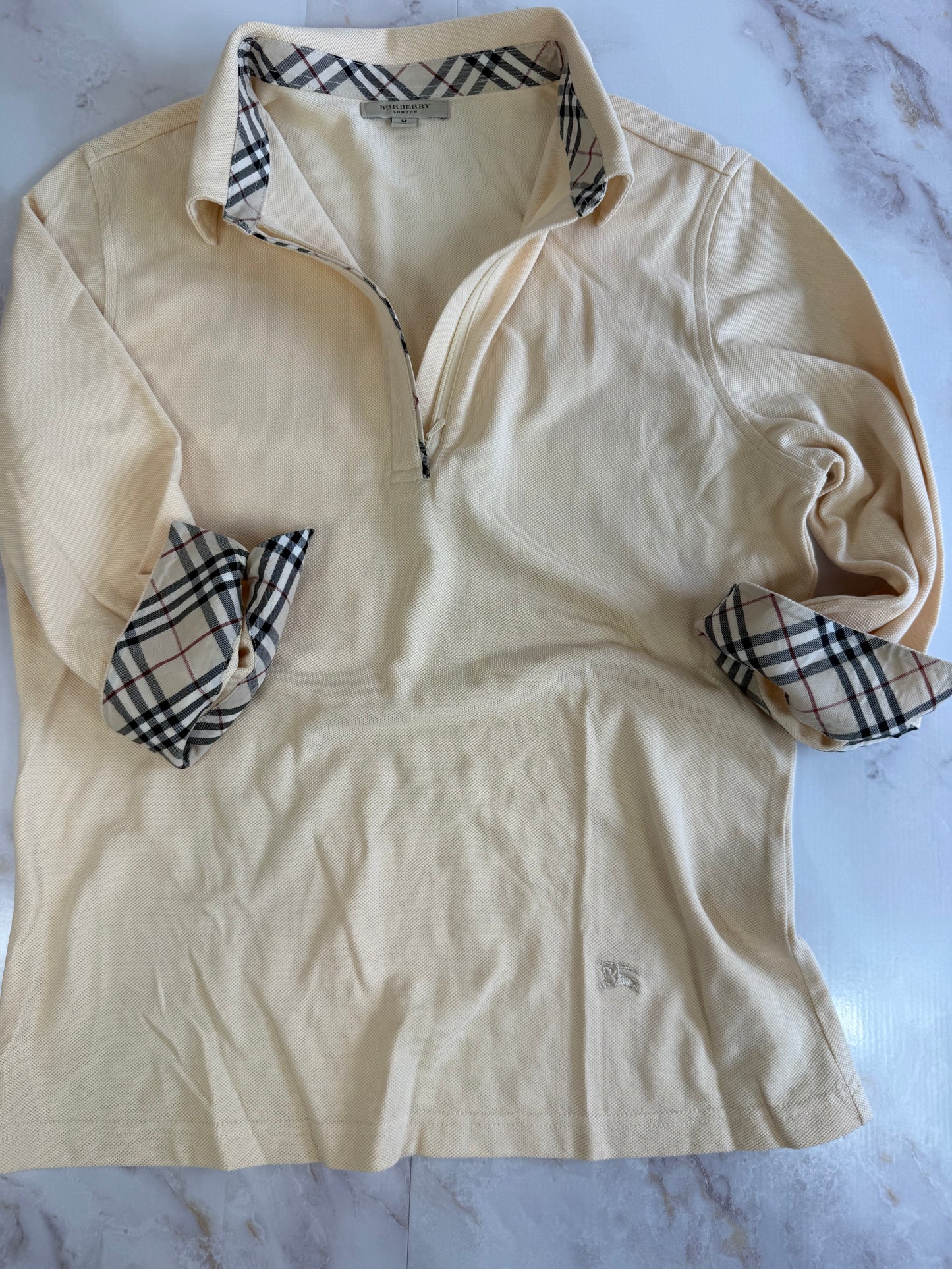 【BURBERRY】バーバリー ロンドン ハーフジップ ポロシャツ ノバチェック切替 ベージュ Mサイズ相当 コットン100% 英国ブランド