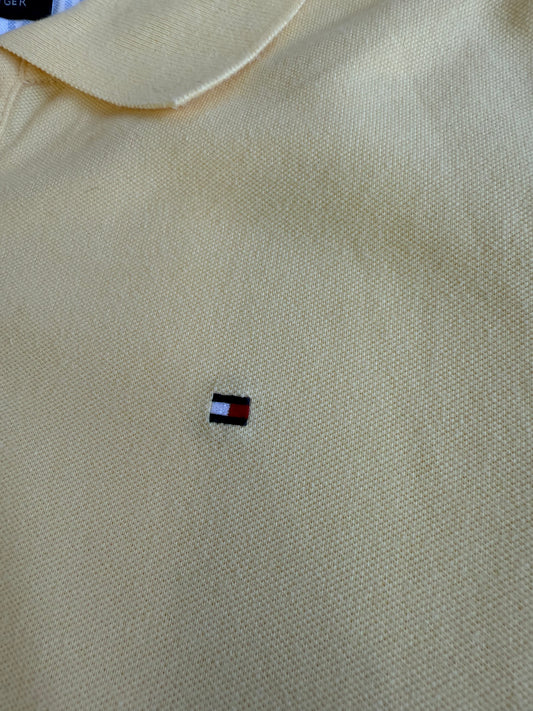 【TOMMY HILFIGER】トミー ヒルフィガー レディース ポロシャツ パステルイエロー Mサイズ ストレッチ 鹿の子 刺繍フラッグロゴ