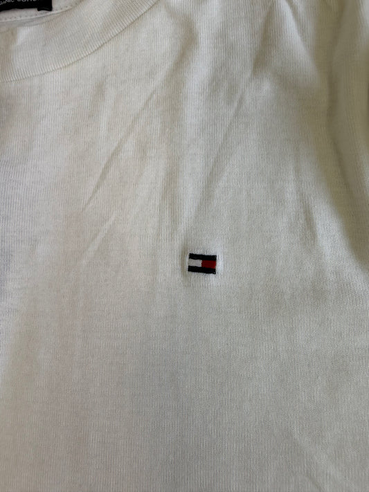【TOMMY HILFIGER】トミー ヒルフィガー オーガニックコットン 長袖Tシャツ 164(L相当)ホワイト クルーネック 刺繍フラッグロゴ