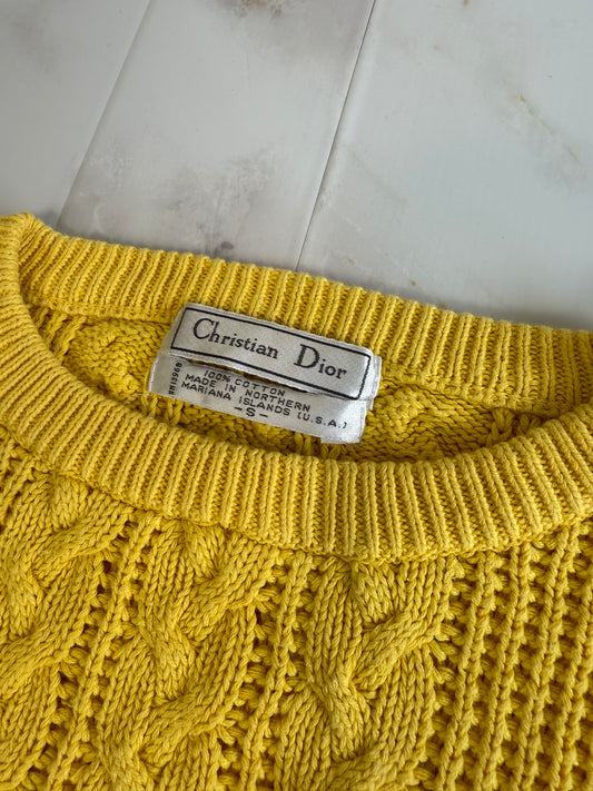【Christian Dior】ヴィンテージ ケーブルニットセーター Sサイズ イエロー|ディオール古着 100%コットン