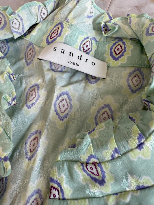 【SANDRO PARIS】フリルカラー 総柄ワンピース ミントグリーン|ヴィスコース100%|フレンチシック|レディース古着