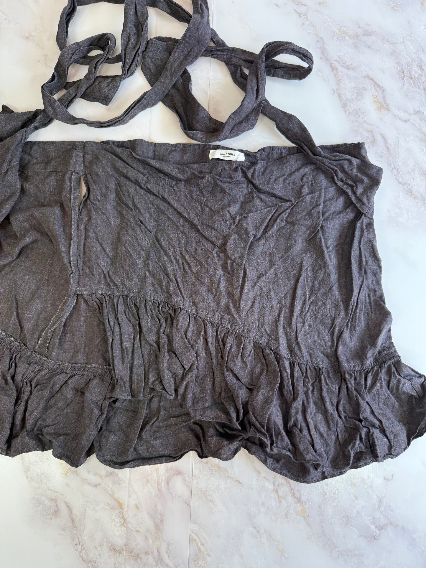 【ISABEL ÉTOILE MARANT】フリルラップワンピース リネン混 グレーブラック | フランス発 上品な立体シルエット