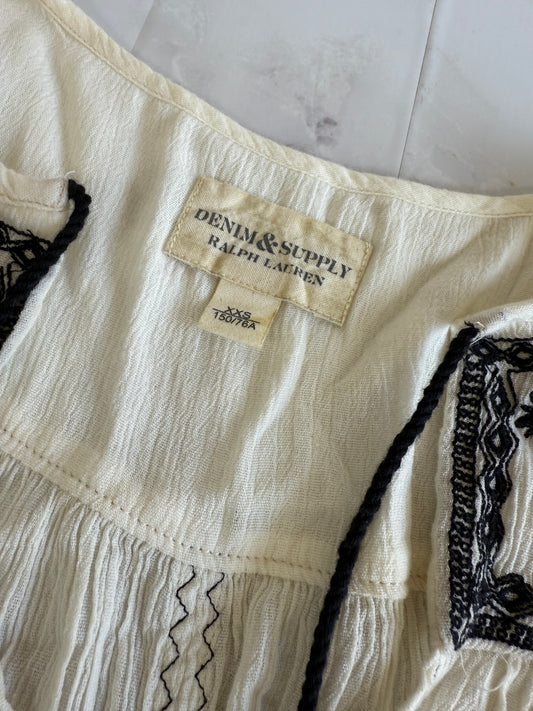 【DENIM & SUPPLY RALPH LAUREN】デニム&サプライ 刺繍 タッセル チュニック 七分袖 クリンクルガーゼ 綿×レーヨン レディース XXS インド製