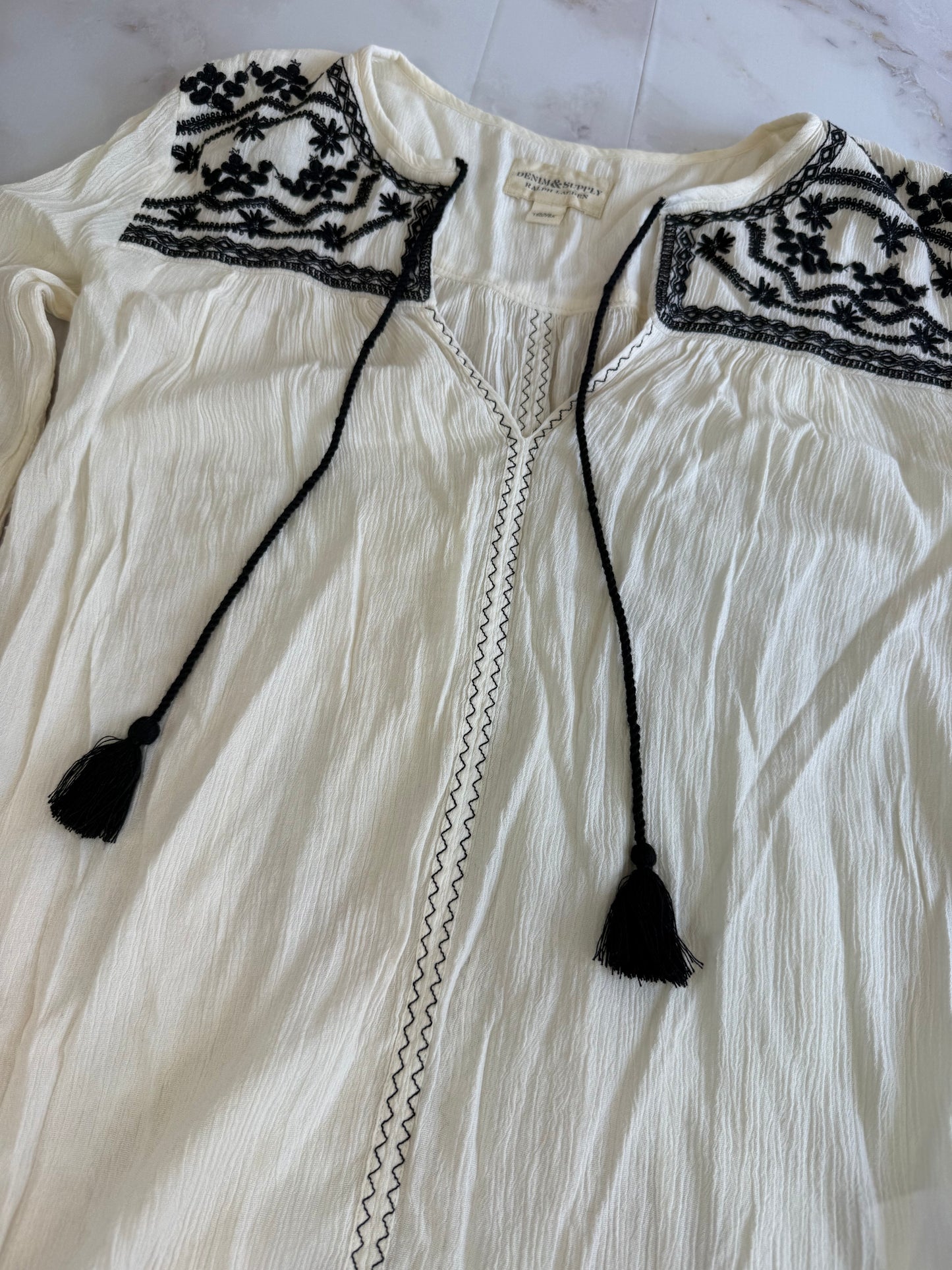【DENIM & SUPPLY RALPH LAUREN】デニム&サプライ 刺繍 タッセル チュニック 七分袖 クリンクルガーゼ 綿×レーヨン レディース XXS インド製