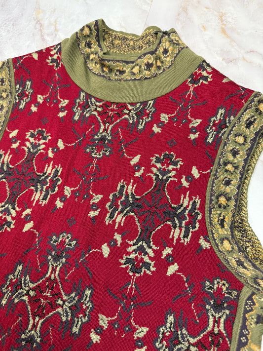 KENZO PARIS ノースリーブ ニットトップス Mサイズ | レッド × グリーン ジャガード柄 ハイネック