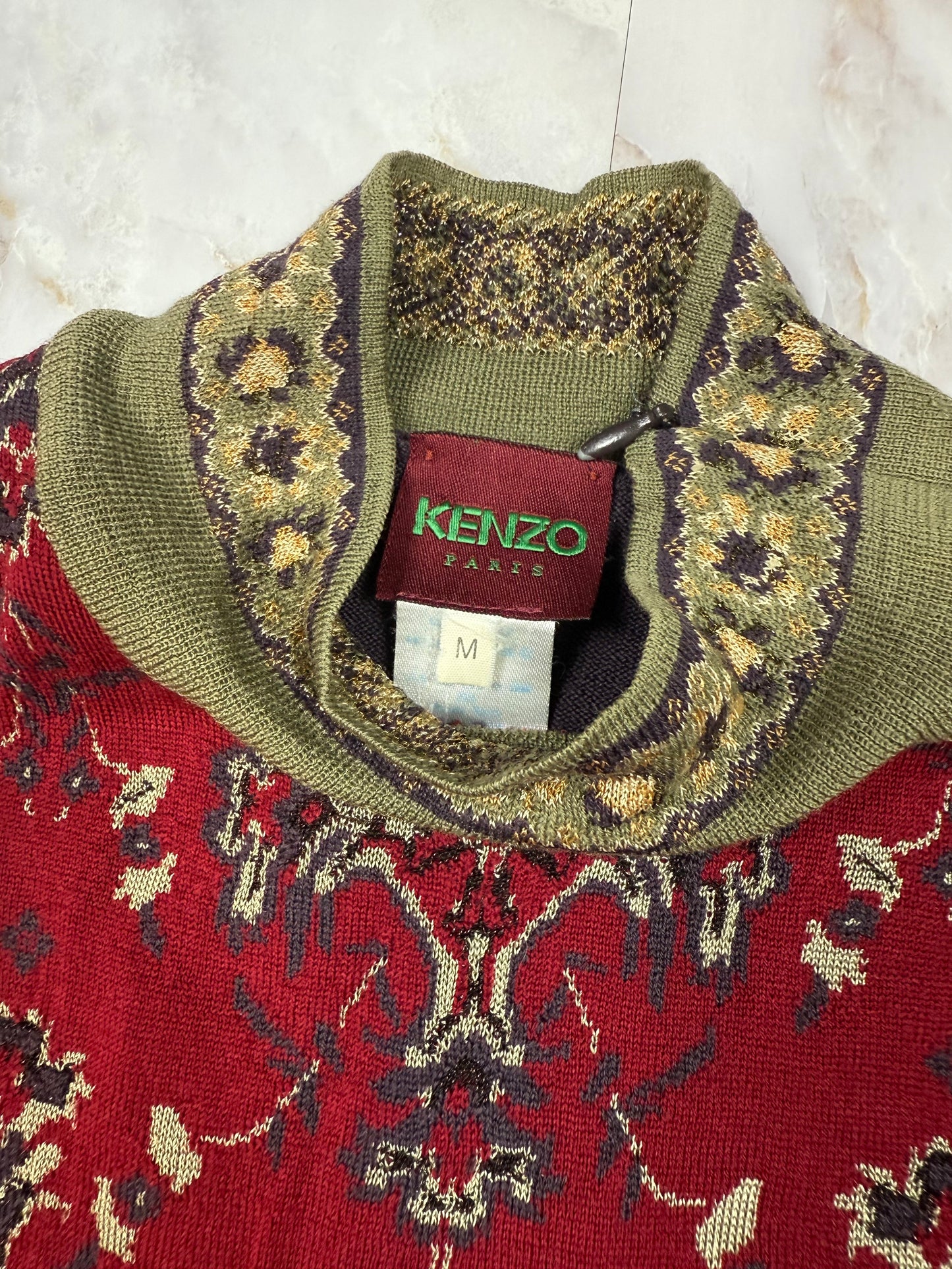 KENZO PARIS ノースリーブ ニットトップス Mサイズ | レッド × グリーン ジャガード柄 ハイネック