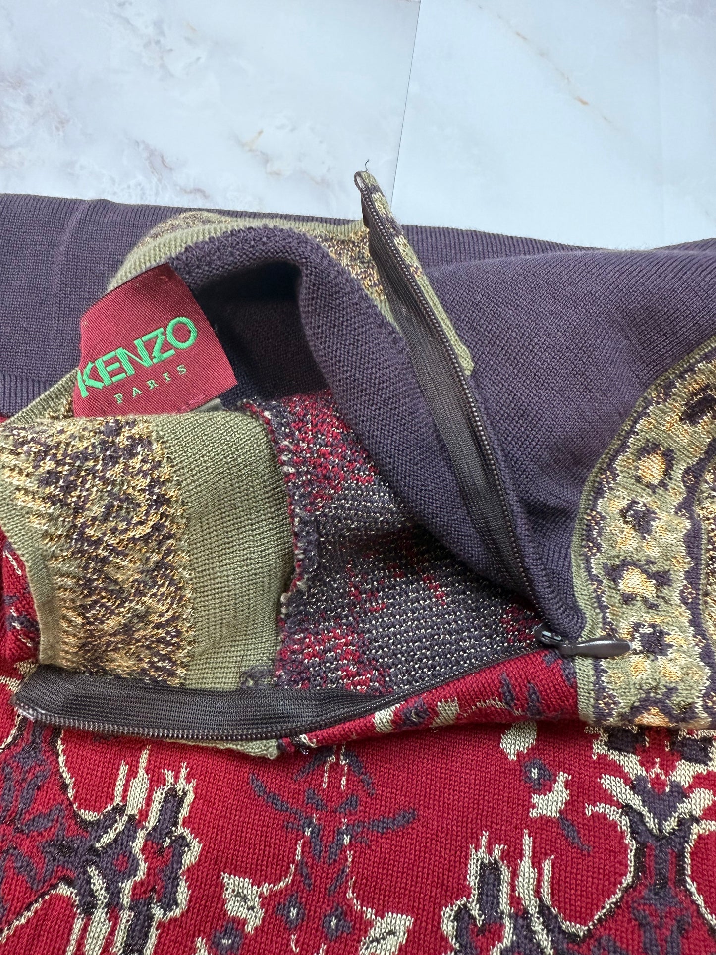 KENZO PARIS ノースリーブ ニットトップス Mサイズ | レッド × グリーン ジャガード柄 ハイネック