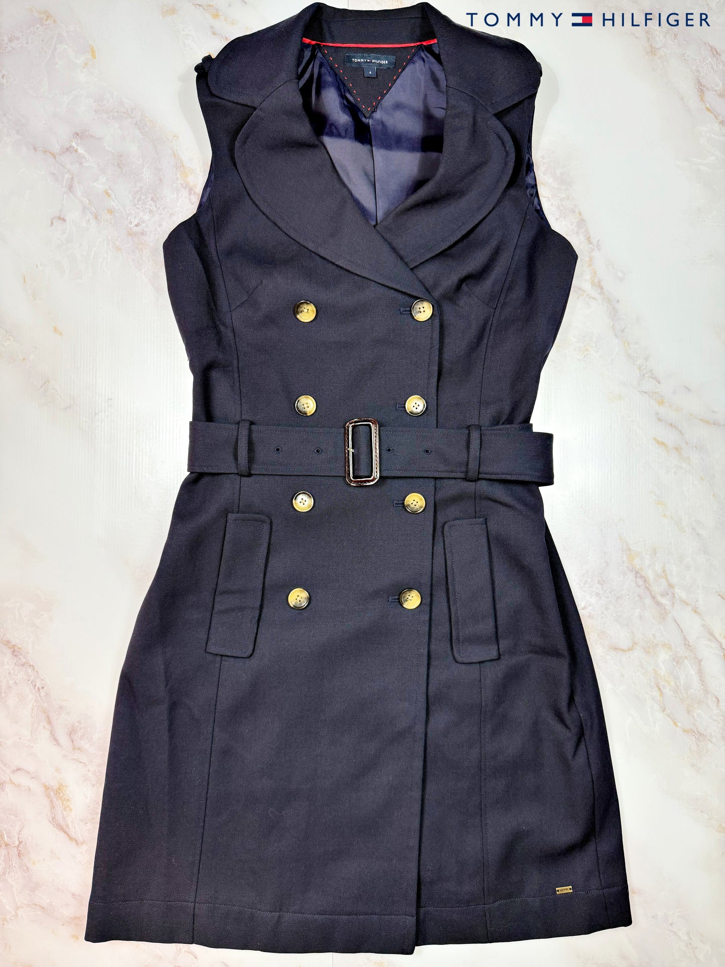 TOMMY HILFIGER|トミーヒルフィガー ノースリーブ ワンピース ネイビー ベルト付き ダブルボタン レディース サイズ4