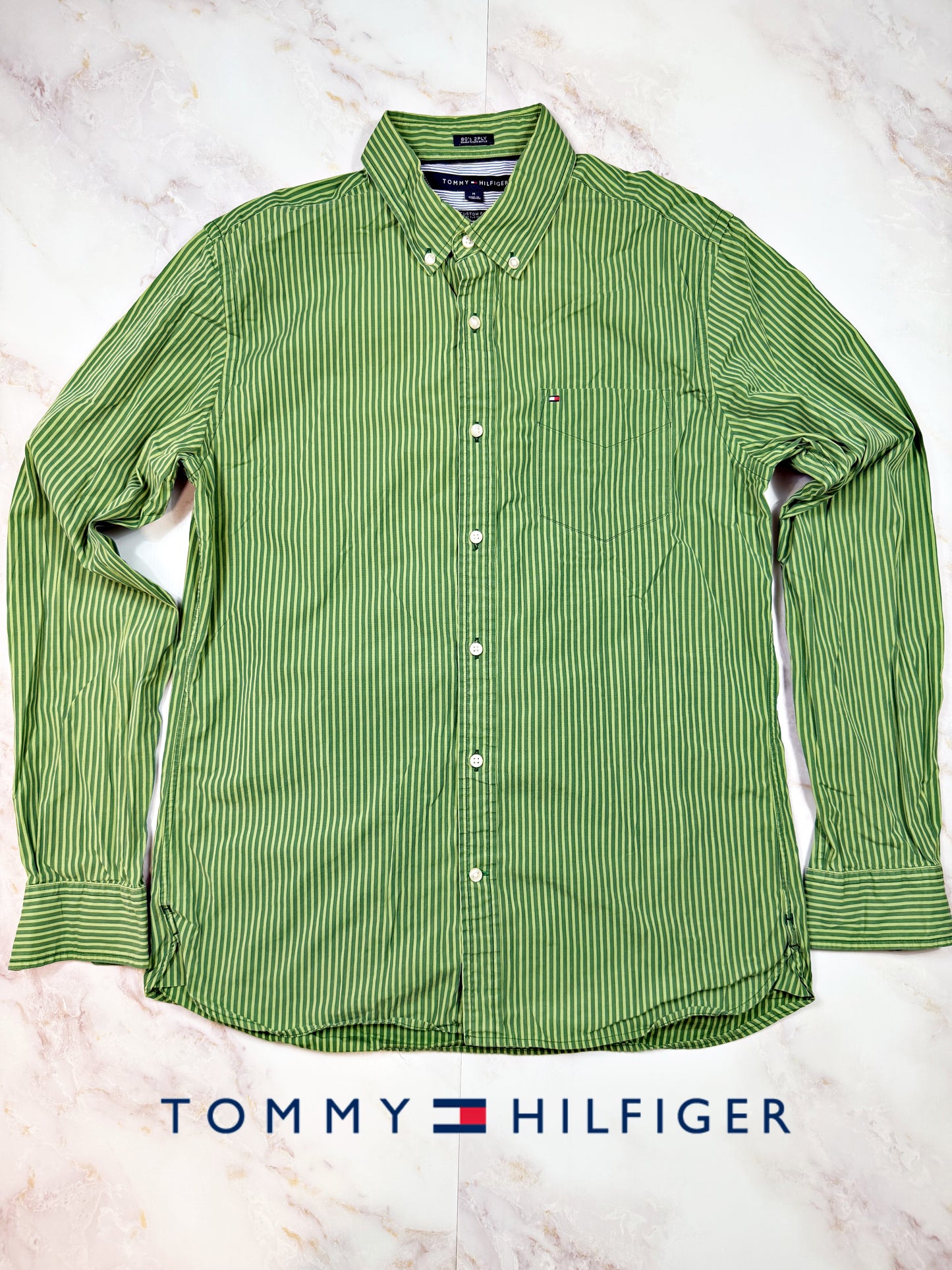 【TOMMY HILFIGER】トミーヒルフィガー グリーンストライプ シャツ メンズ M カスタムフィット 長袖 ボタンダウン コットン100%