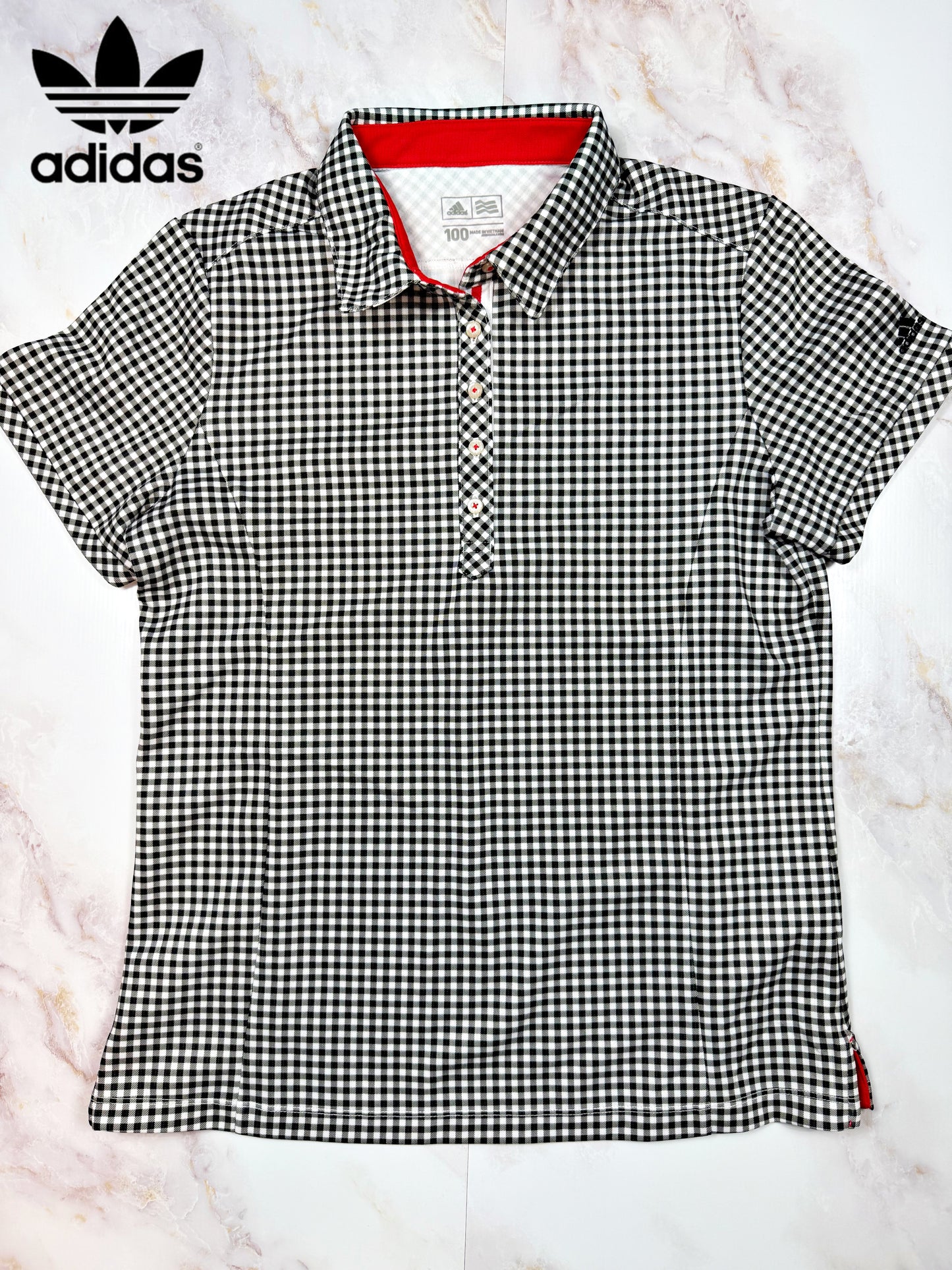 【adidas アディダス】ポロシャツ 半袖シャツ ギンガムチェック柄 ブラック×ホワイト メンズ 100サイズ ポリエステル100%
