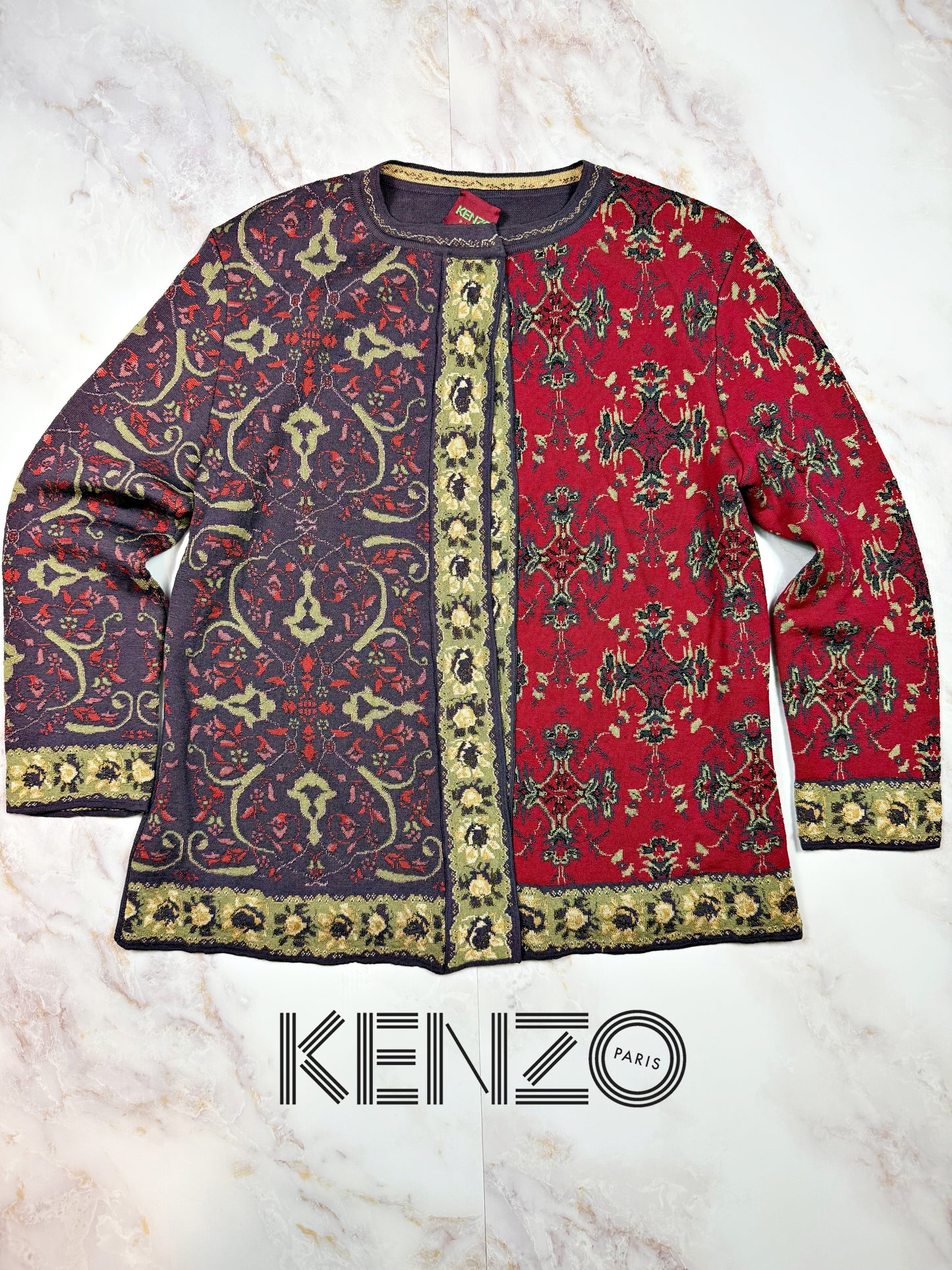 KENZO PARIS ケンゾー パリ 総柄 ニットカーディガン XLサイズ ウール混 アートデザイン ジャケット風カーデ