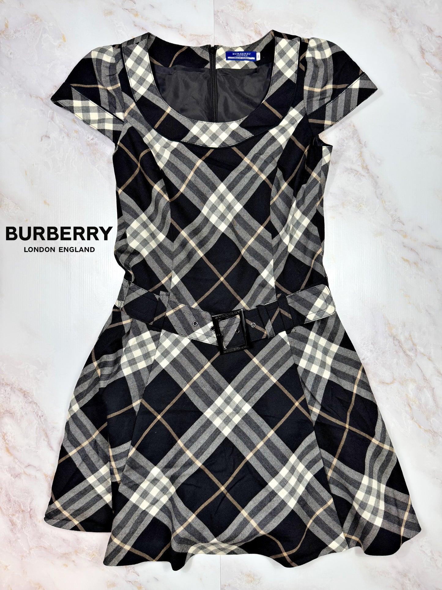 BURBERRY BLUE LABEL チェック柄 ウールワンピース ベルト付き レディース 38 日本製