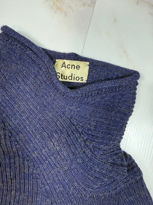 【Acne Studios】リブ編み タートルネックセーター ブルー系 レディース 裾フリルデザイン