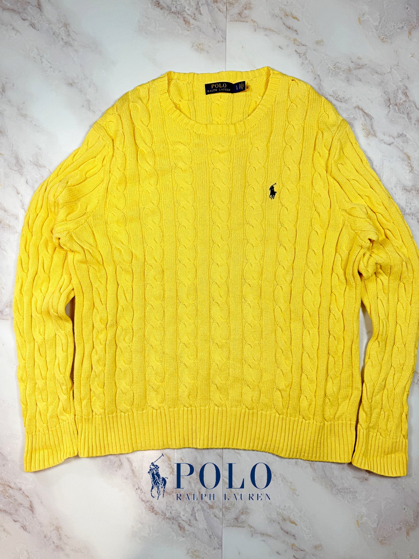 【POLO RALPH LAUREN】ケーブルニット セーター イエロー コットン100% メンズL 大人気ポロラルフローレン
