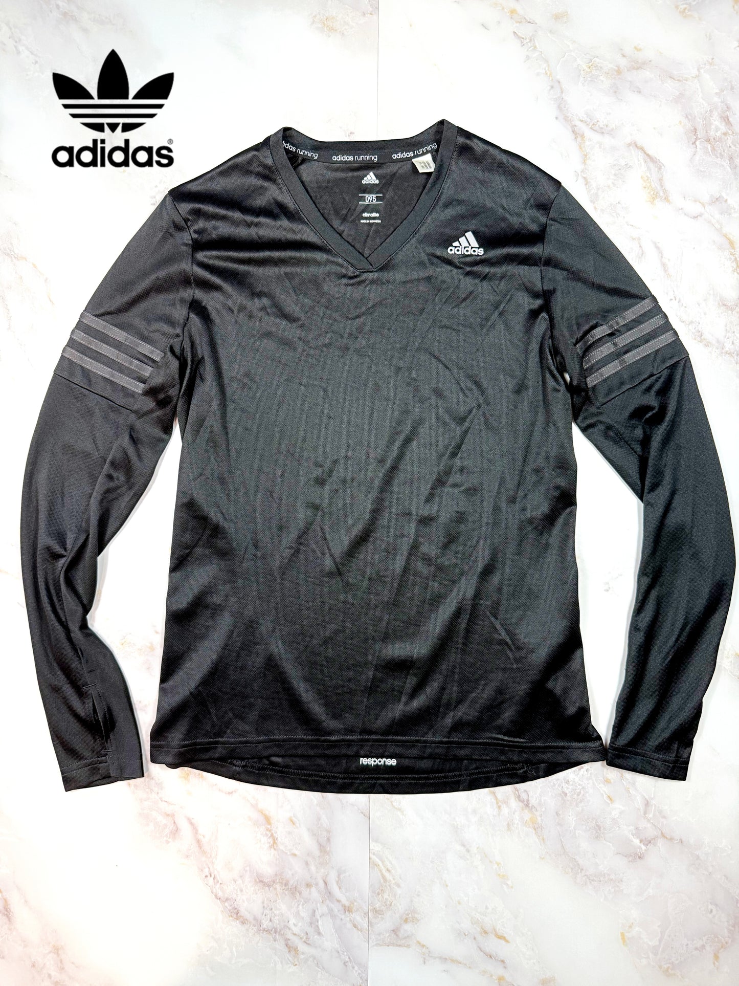 【adidas アディダス】Climalite Response Vネック 長袖ランニングTシャツ ブラック メンズ 95サイズ 吸汗速乾 スポーツウェア