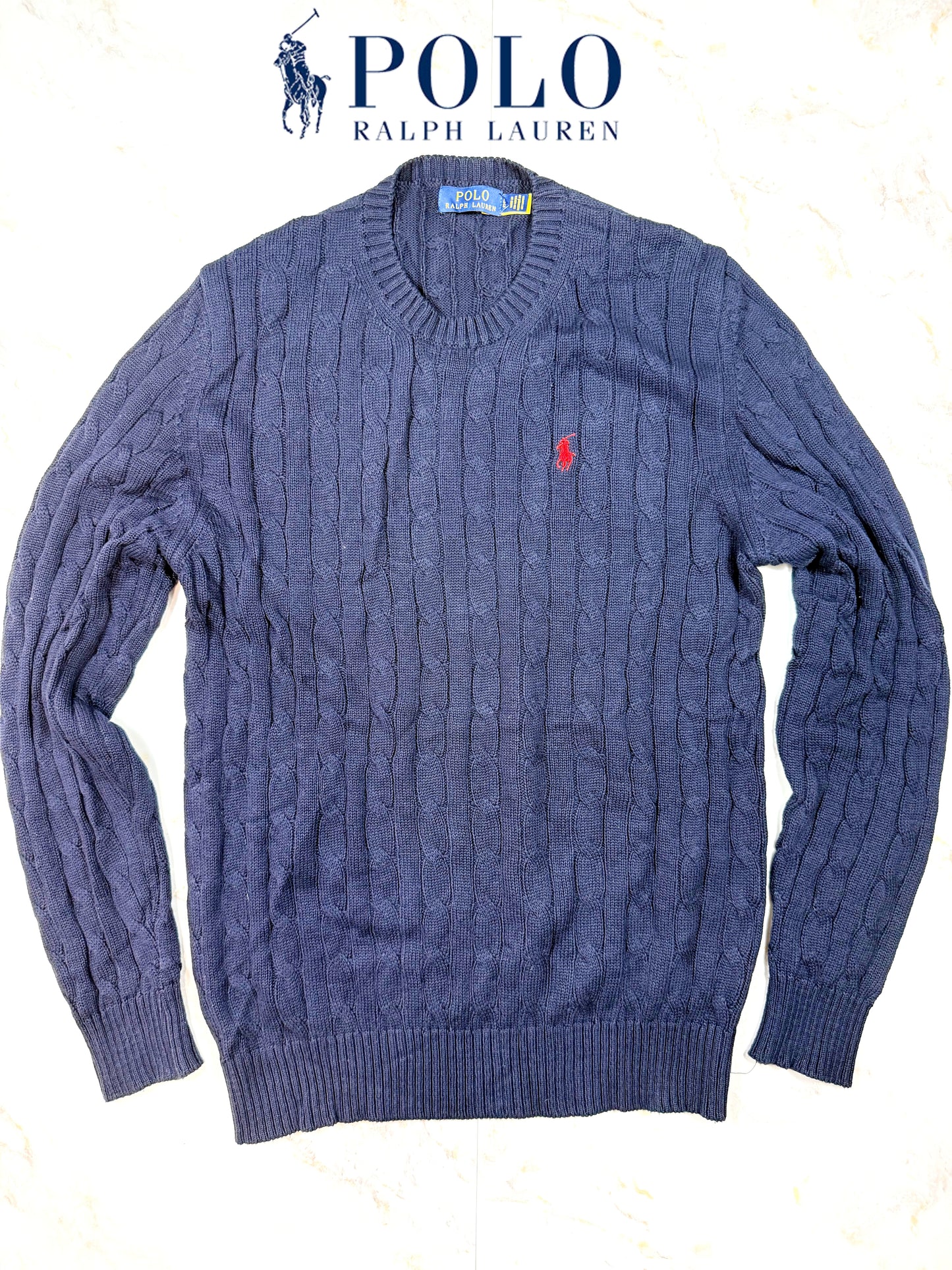 【POLO RALPH LAUREN】ケーブル編み コットンニット セーター ネイビー Lサイズ メンズ クルーネック