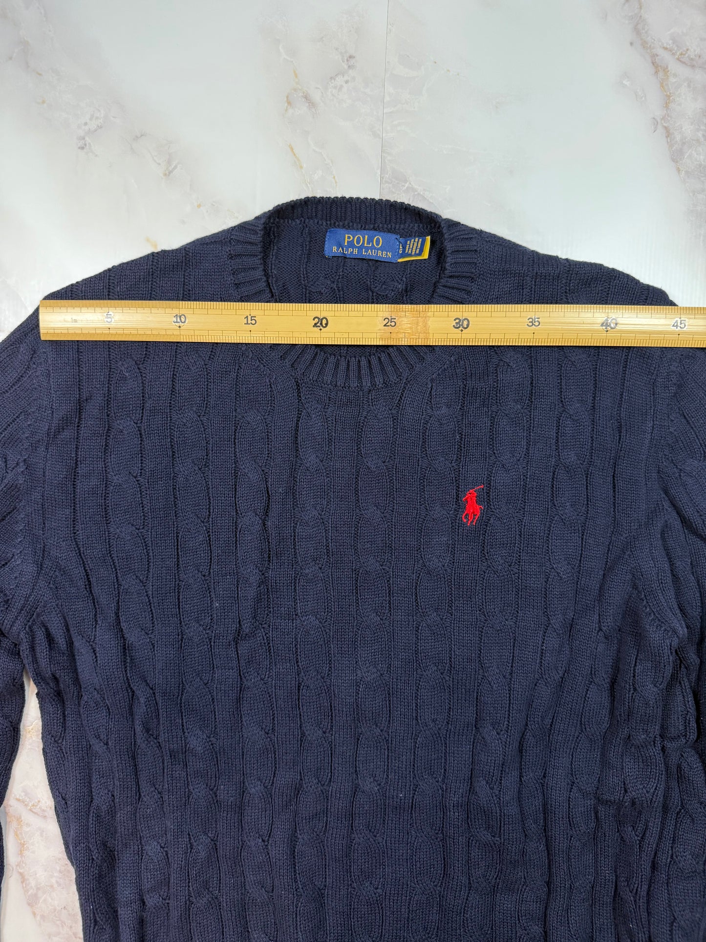 【POLO RALPH LAUREN】ケーブル編み コットンニット セーター ネイビー Lサイズ メンズ クルーネック