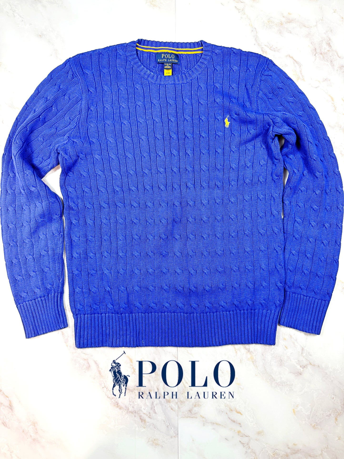【POLO RALPH LAUREN】ケーブルニット セーター 青色 メンズLサイズ コットン100% クラシックフィット クルーネック ニットトップス