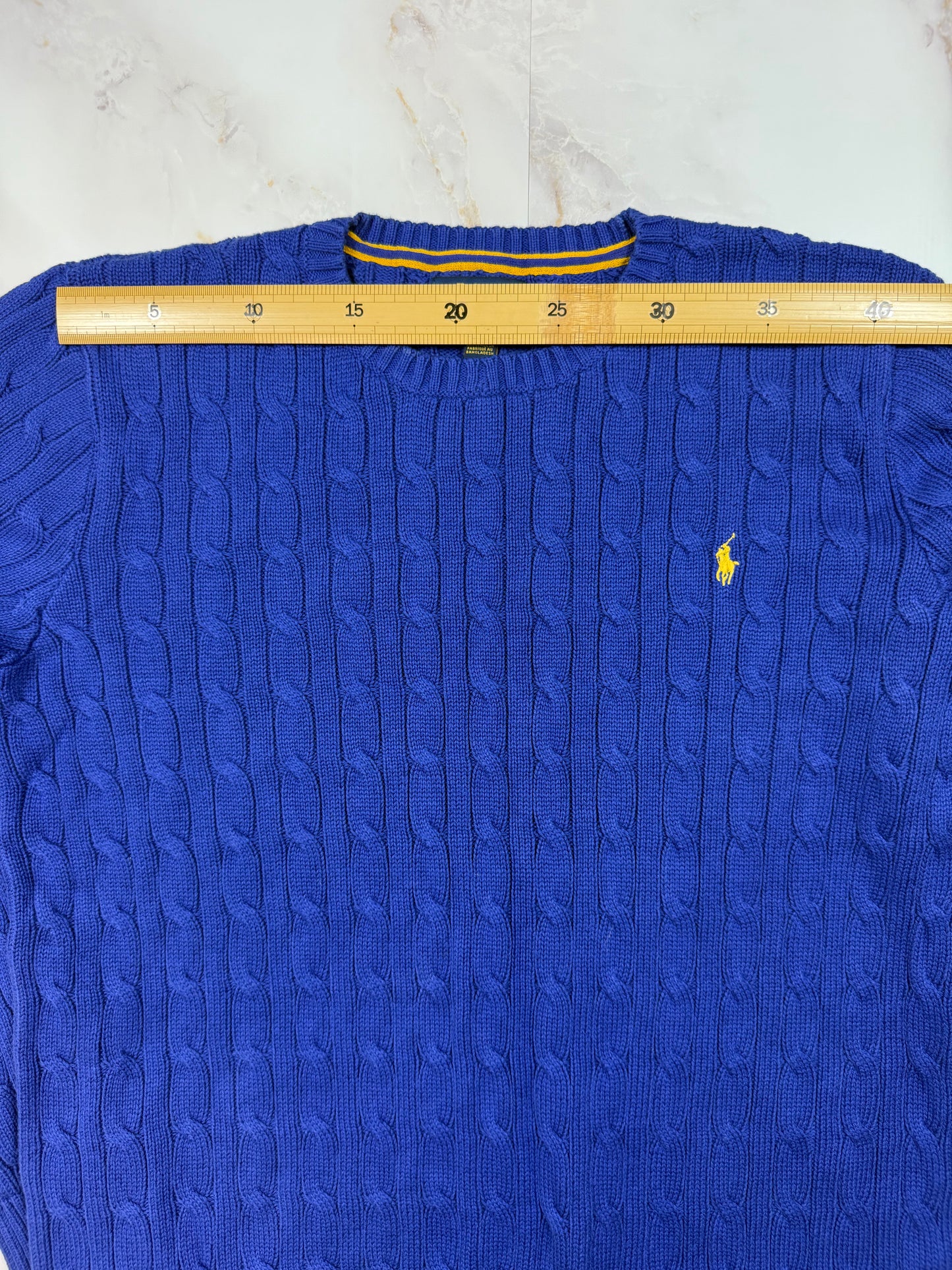 【POLO RALPH LAUREN】ケーブルニット セーター 青色 メンズLサイズ コットン100% クラシックフィット クルーネック ニットトップス