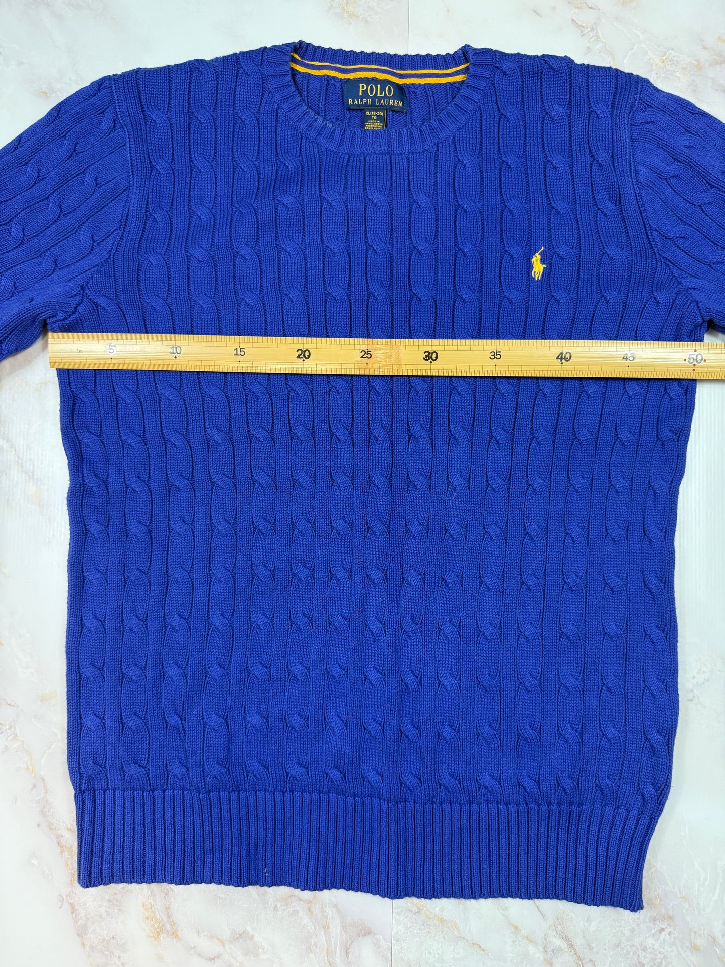 【POLO RALPH LAUREN】ケーブルニット セーター 青色 メンズLサイズ コットン100% クラシックフィット クルーネック ニットトップス