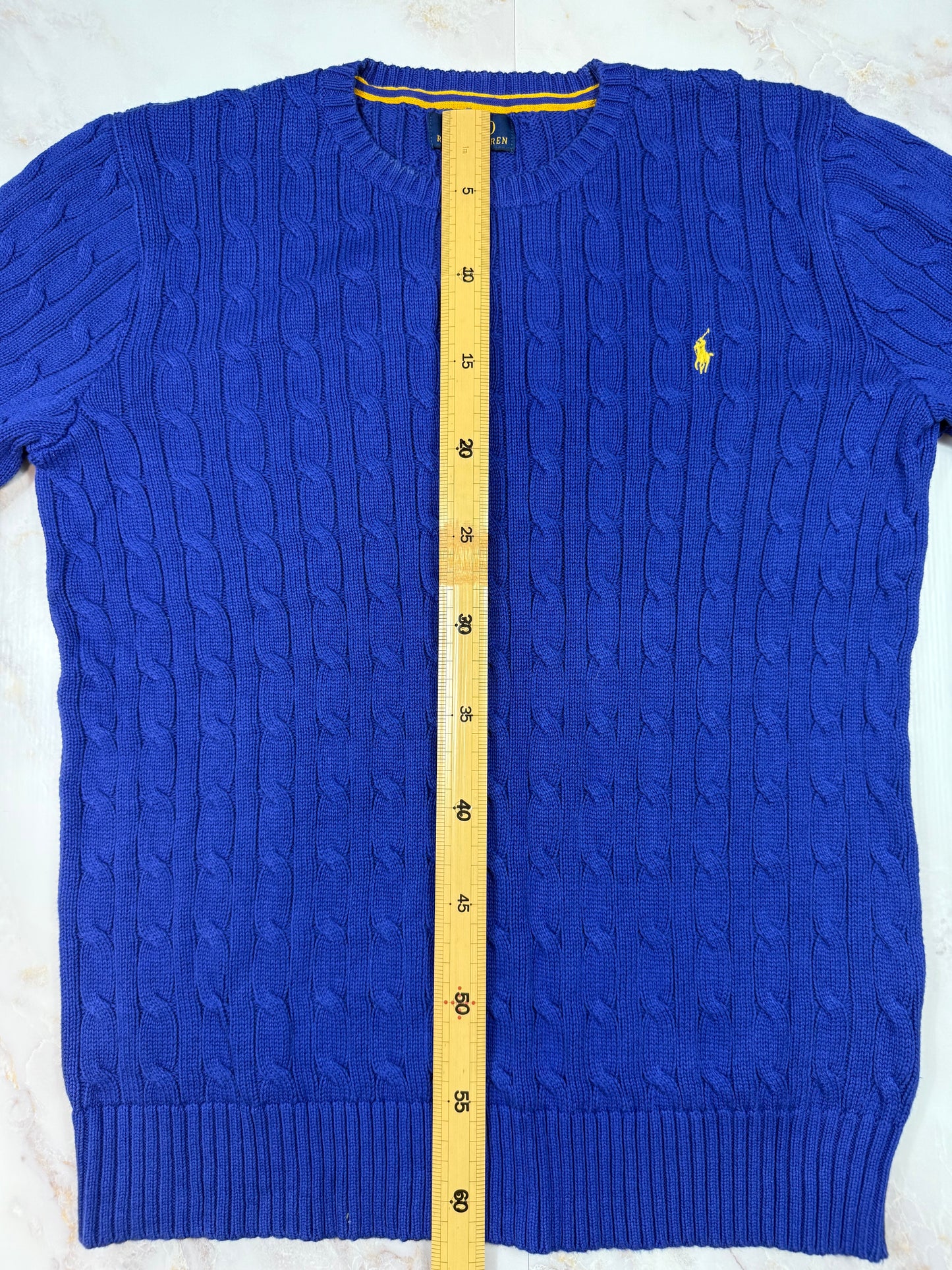 【POLO RALPH LAUREN】ケーブルニット セーター 青色 メンズLサイズ コットン100% クラシックフィット クルーネック ニットトップス