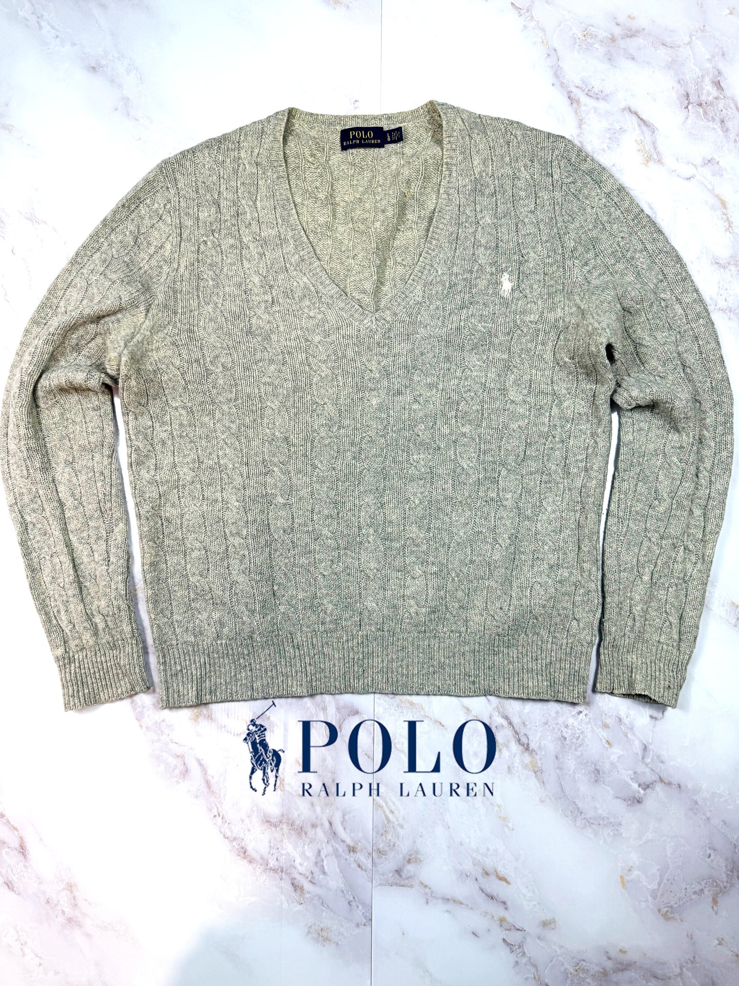 【POLO RALPH LAUREN】ケーブル編み Vネックセーター メンズ L グレー系 ウール×カシミヤ混 ラルフローレン ニット