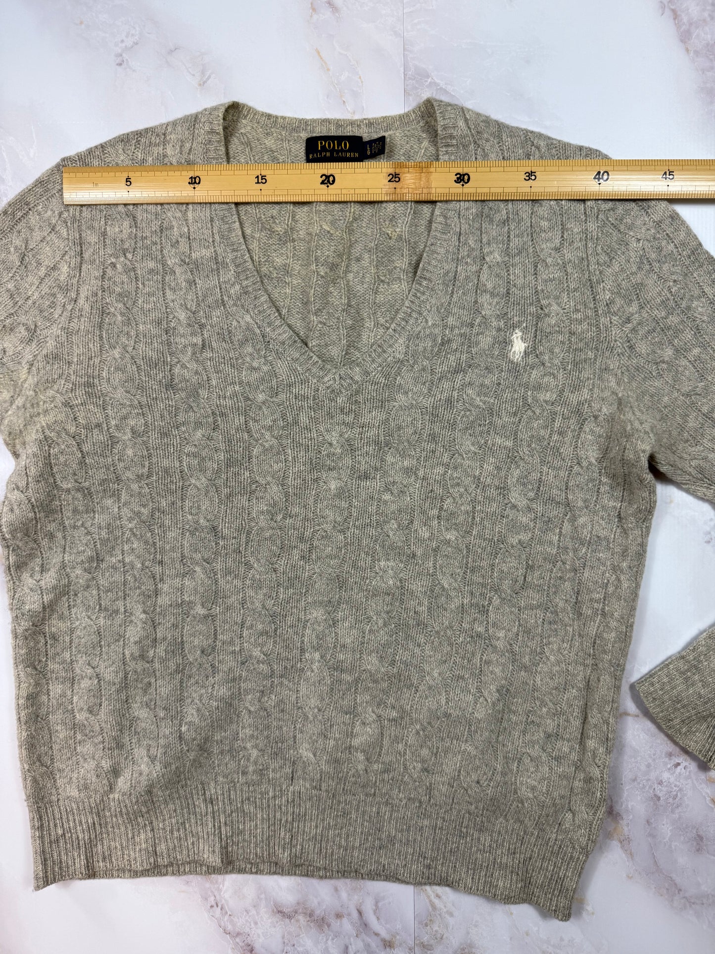 【POLO RALPH LAUREN】ケーブル編み Vネックセーター メンズ L グレー系 ウール×カシミヤ混 ラルフローレン ニット