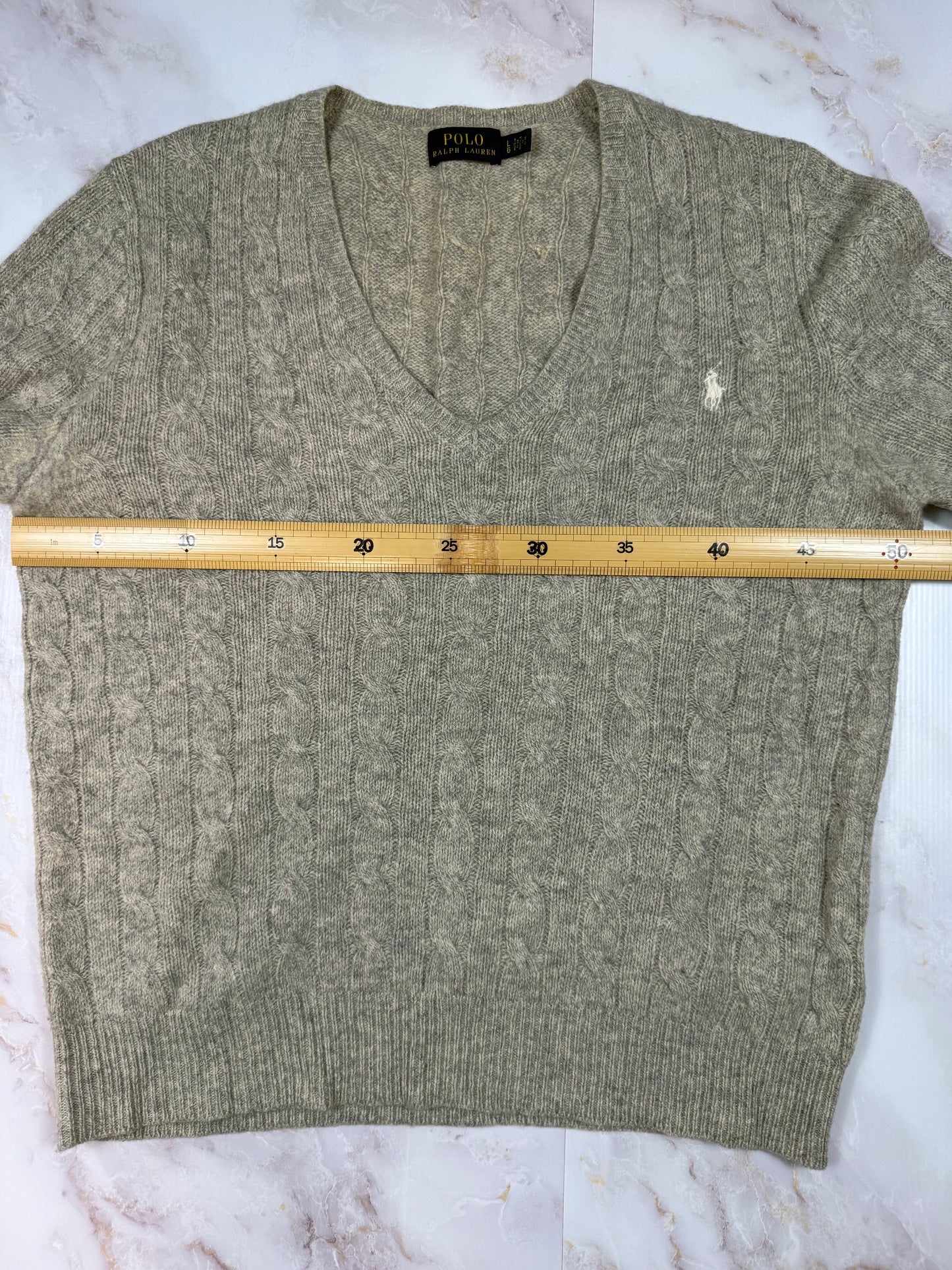 【POLO RALPH LAUREN】ケーブル編み Vネックセーター メンズ L グレー系 ウール×カシミヤ混 ラルフローレン ニット