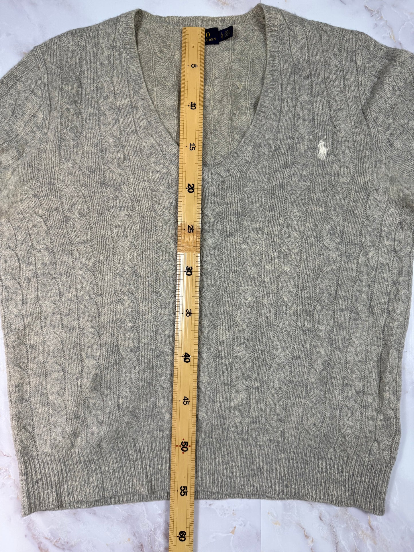 【POLO RALPH LAUREN】ケーブル編み Vネックセーター メンズ L グレー系 ウール×カシミヤ混 ラルフローレン ニット