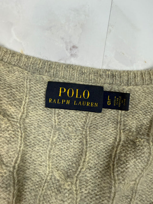 【POLO RALPH LAUREN】ケーブル編み Vネックセーター メンズ L グレー系 ウール×カシミヤ混 ラルフローレン ニット
