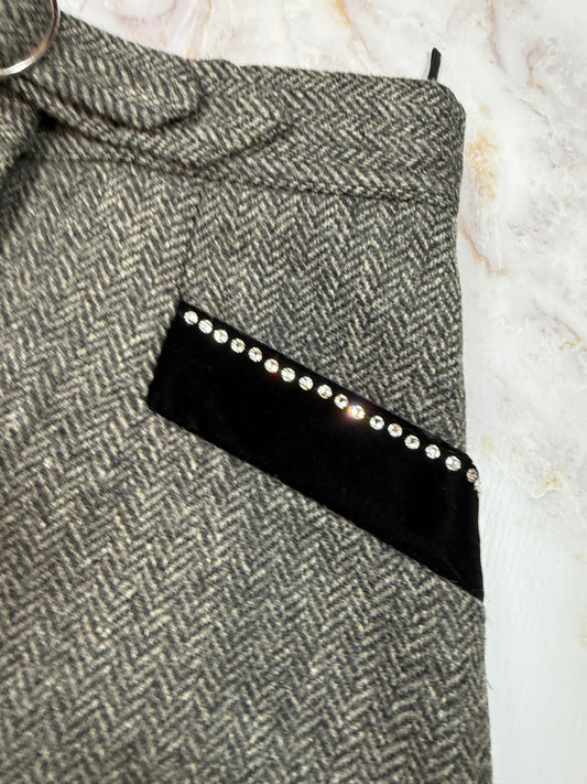 【MIU MIU】ウール混 ヘリンボーン Aラインスカート ベルト付き グレー系 42サイズ | ビジューポケットデザイン