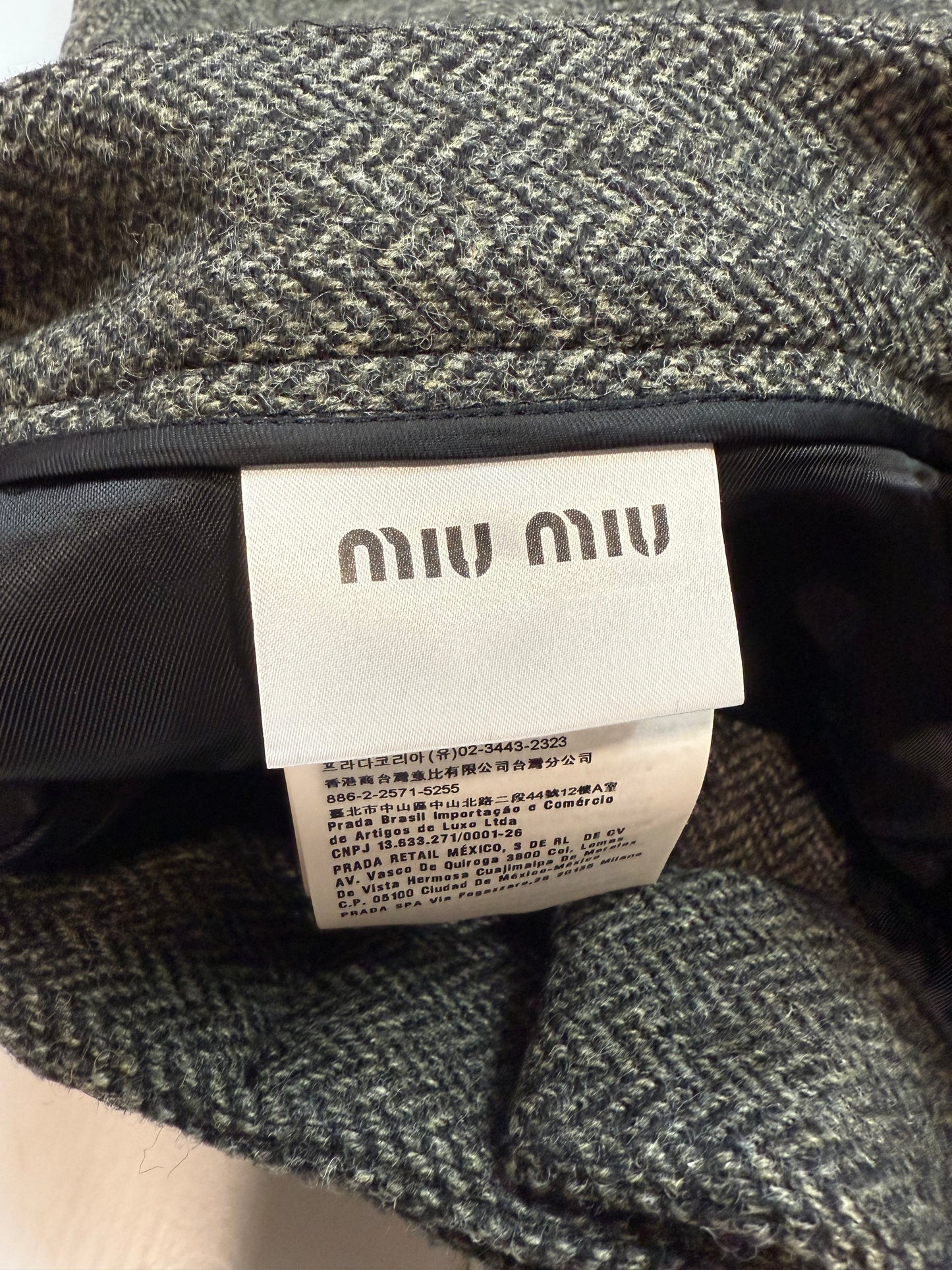 【MIU MIU】ウール混 ヘリンボーン Aラインスカート ベルト付き グレー系 42サイズ | ビジューポケットデザイン