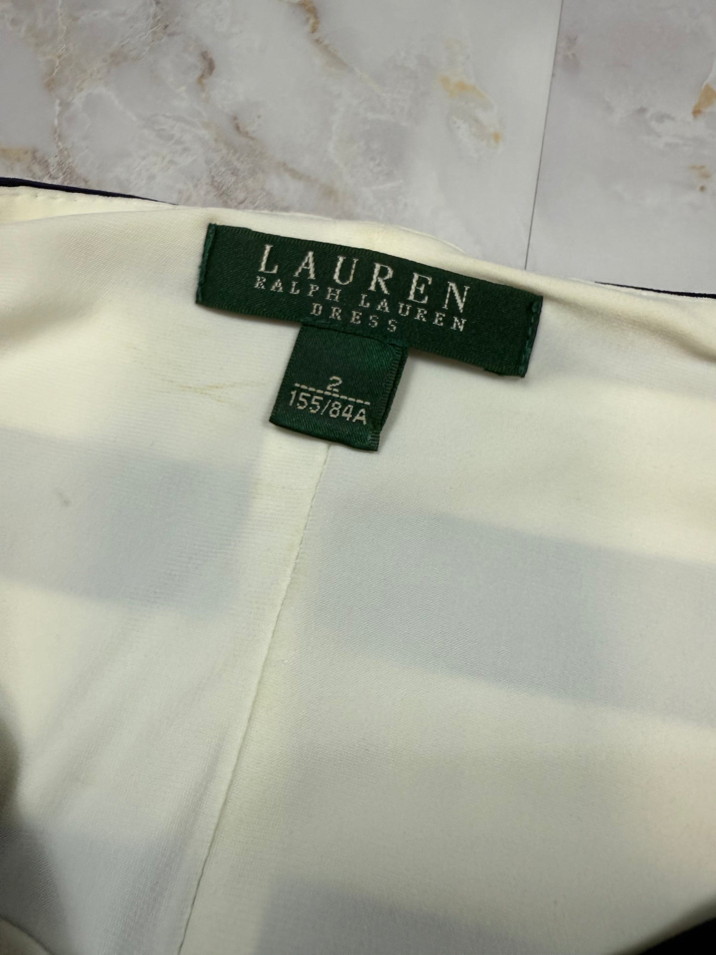 【LAUREN RALPH LAUREN】ストライプ柄 ノースリーブ ワンピース ネイビー×ホワイト レディース サイズ2 | 上品ドレープデザイン