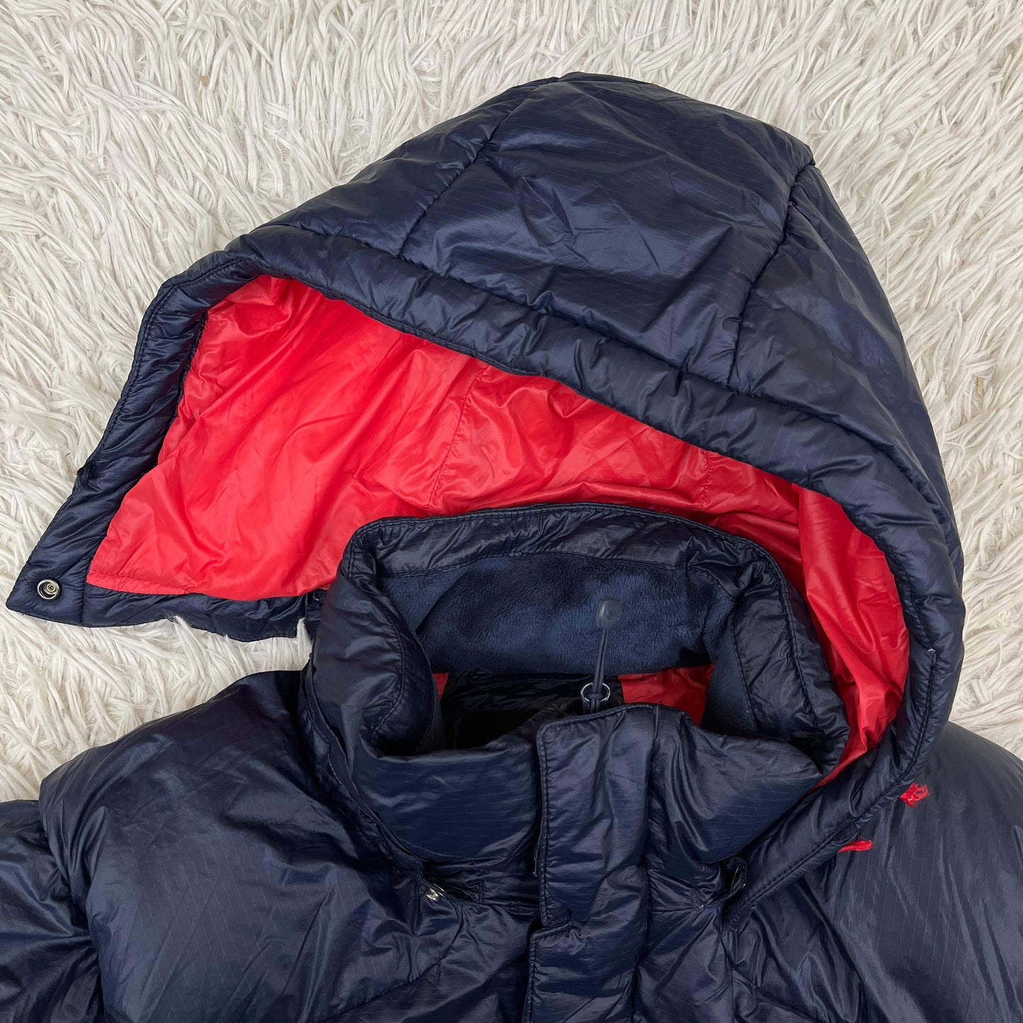 THE NORTH FACE 韓国限定 ロングダウンジャケット ネイビー×レッド メンズ95(M) フード取外し可 ノースフェイス ダウンコート #82