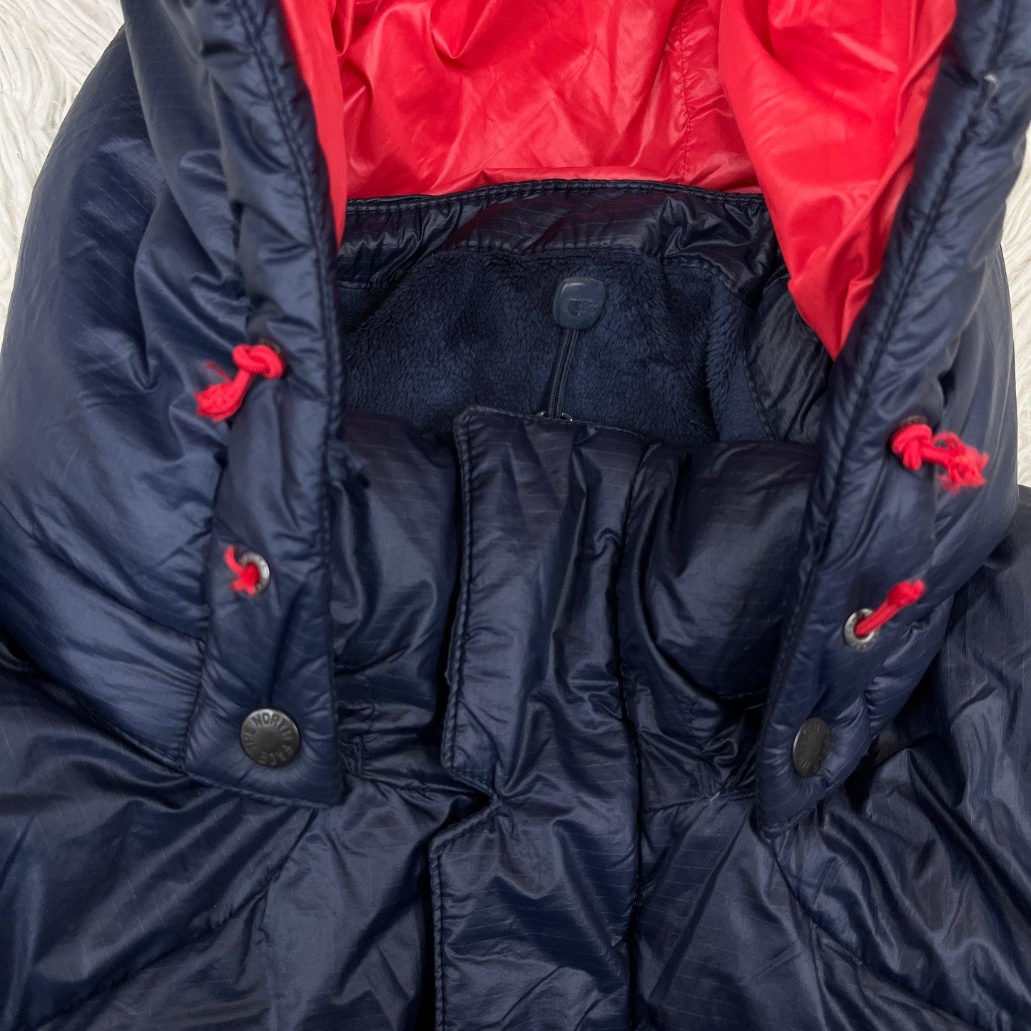 THE NORTH FACE 韓国限定 ロングダウンジャケット ネイビー×レッド メンズ95(M) フード取外し可 ノースフェイス ダウンコート #82