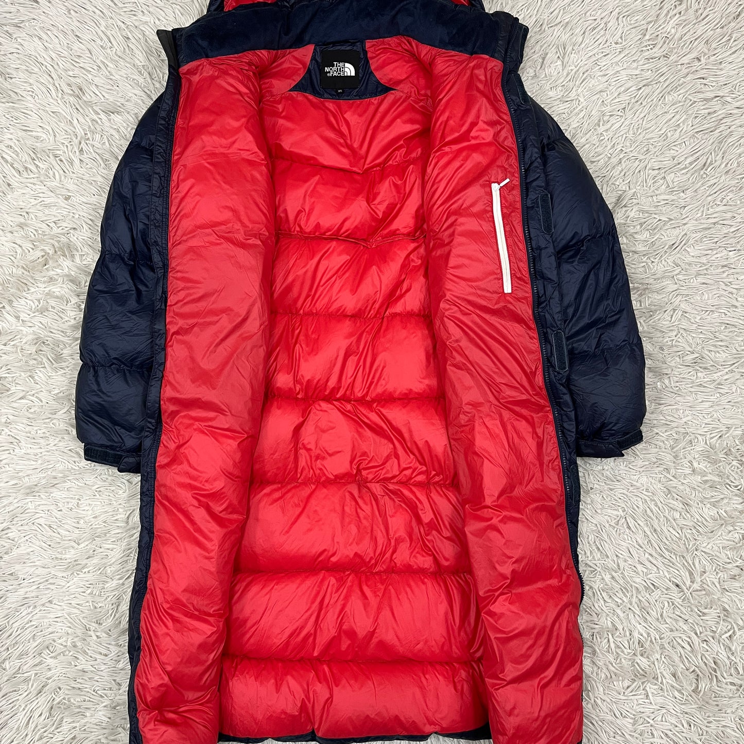 THE NORTH FACE 韓国限定 ロングダウンジャケット ネイビー×レッド メンズ95(M) フード取外し可 ノースフェイス ダウンコート #82