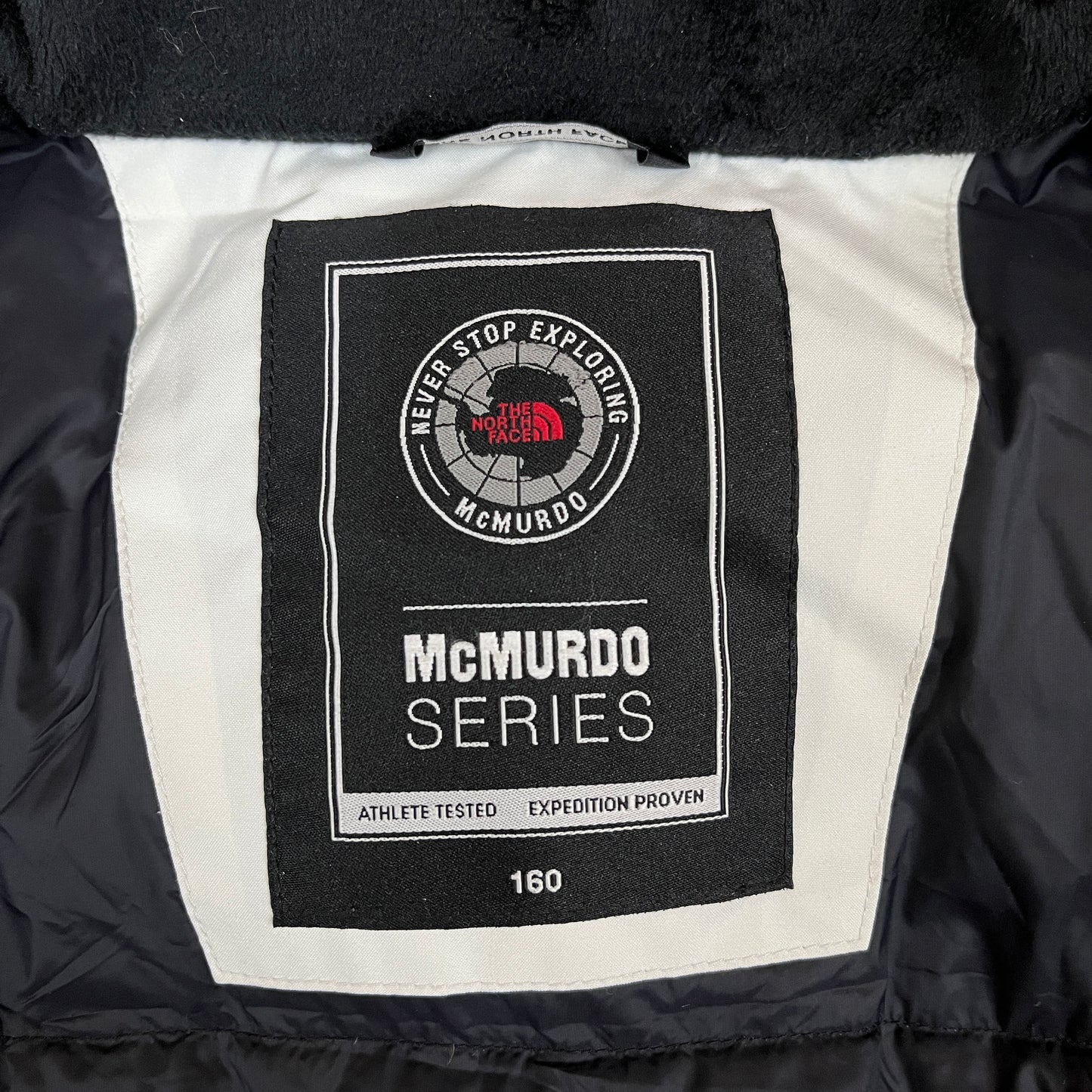 ノースフェイス THE NORTH FACE マクマード ダウンジャケット 160 キッズ ライトグレー×ブラック フード取外し可 DRYVENT #93