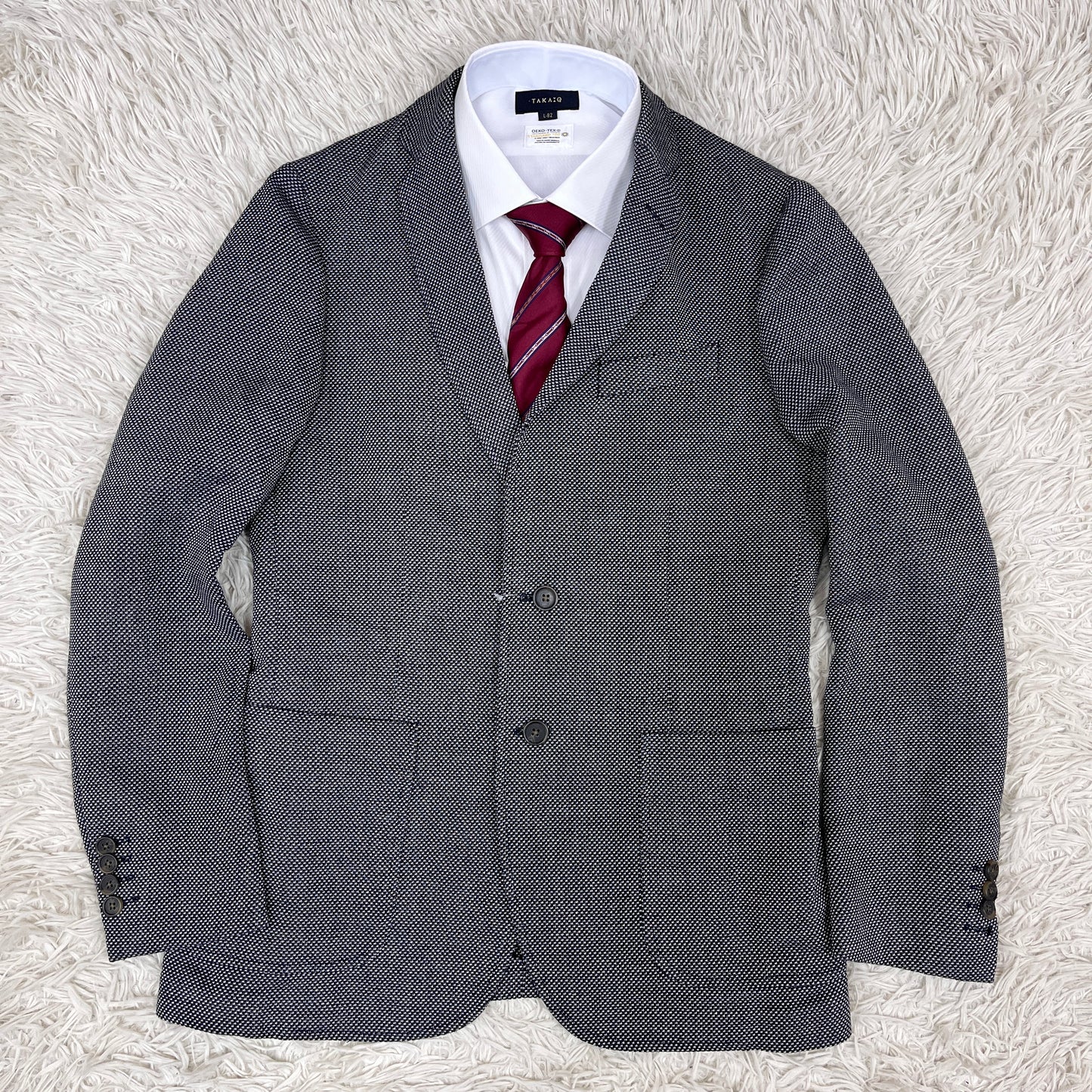 【新品】LACOSTE ラコステ ジャケット ハウンドトゥース柄 白×紺 メンズM（FR48）高級テーラード #100