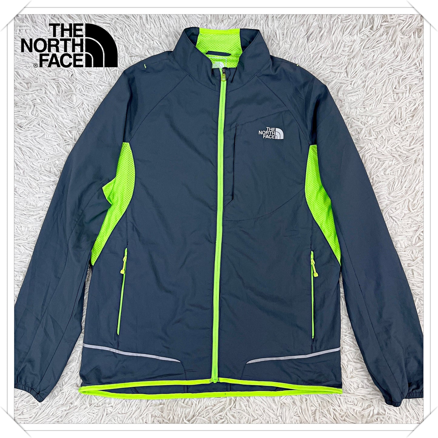 THE NORTH FACE（ザ・ノースフェイス）フライトシリーズ ランニングジャケット メンズ95(M) ウインドブレーカー グレー×ライムグリーン 軽量／速乾／反射材付き #108