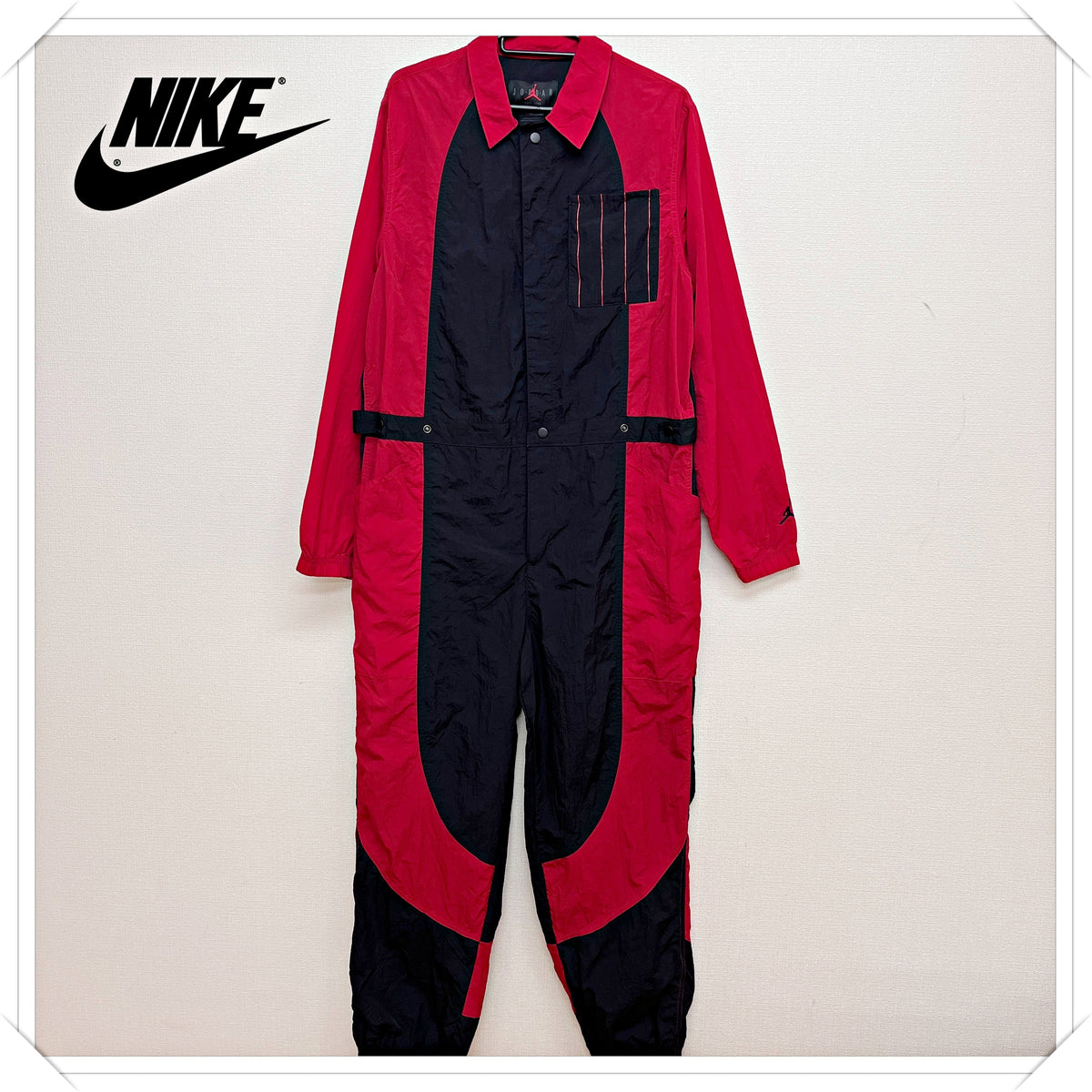 NIKE JORDAN レディース ナイロン ジャンプスーツ ブラック×レッド XL 
