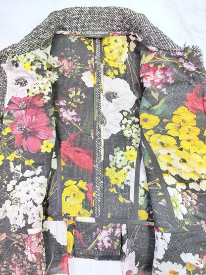 【DOLCE&GABBANA】逸品！ツイードジャケット 花柄裏地 ブラック系 44 - 華やかさと上品さの融合