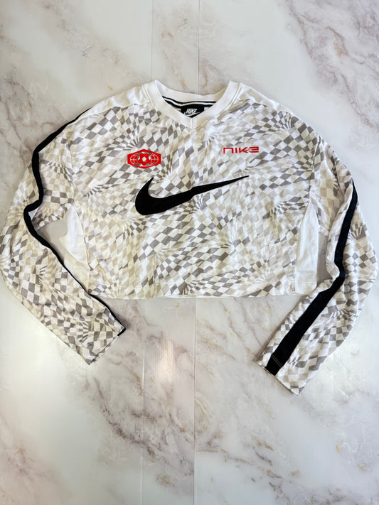 【NIKE】ナイキ ロングスリーブ クロップドトップ スポーツウェア 幾何学デザイン Mサイズ相当 レディース ストリート系 ホワイト×グレー×ブラック
