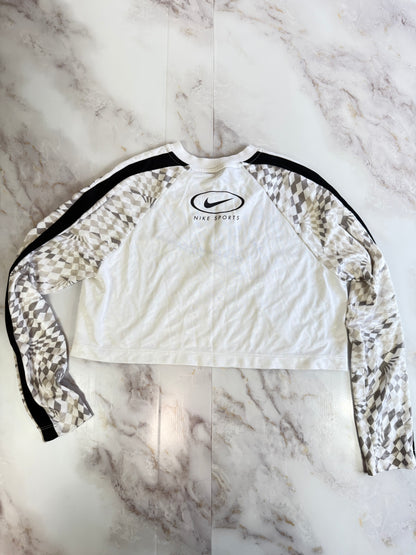 【NIKE】ナイキ ロングスリーブ クロップドトップ スポーツウェア 幾何学デザイン Mサイズ相当 レディース ストリート系 ホワイト×グレー×ブラック