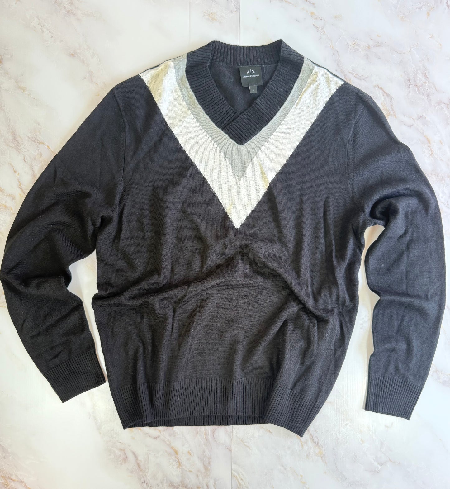 【ARMANI EXCHANGE】アクション Vネック セーター メンズL ブラック×ホワイトライン クラシックニット イタリアブランド 正規品
