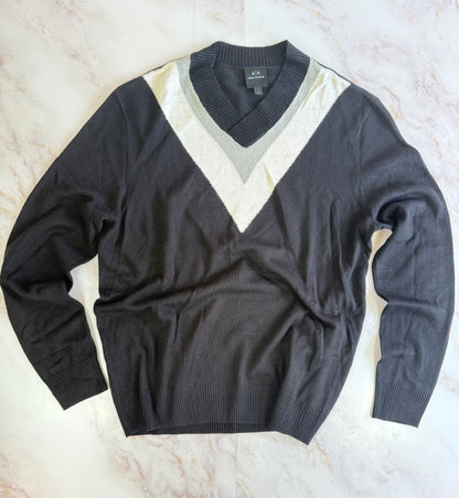 【ARMANI EXCHANGE】アクション Vネック セーター メンズL ブラック×ホワイトライン クラシックニット イタリアブランド 正規品