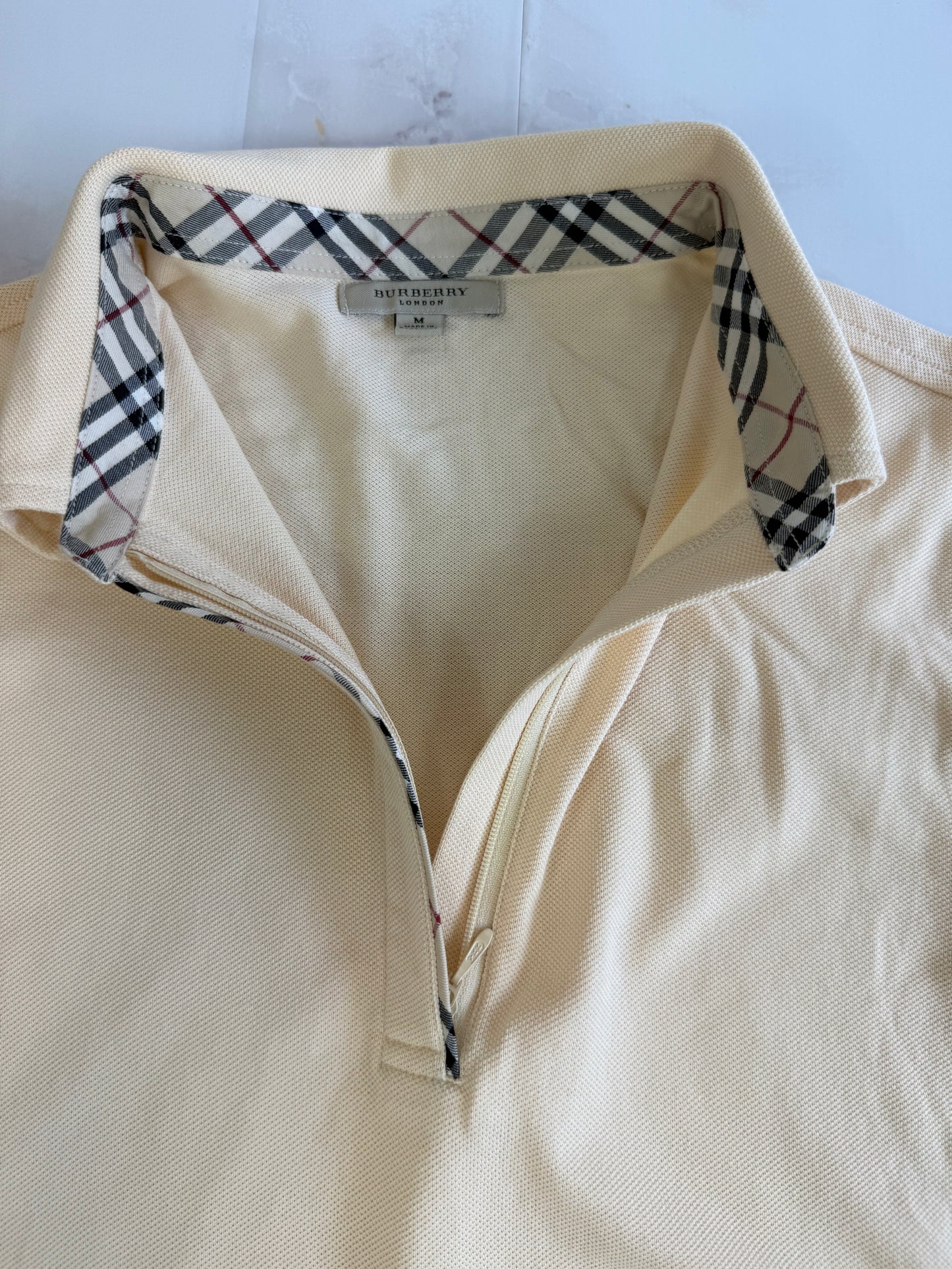 【BURBERRY】バーバリー ロンドン ハーフジップ ポロシャツ ノバチェック切替 ベージュ Mサイズ相当 コットン100％ 英国ブランド