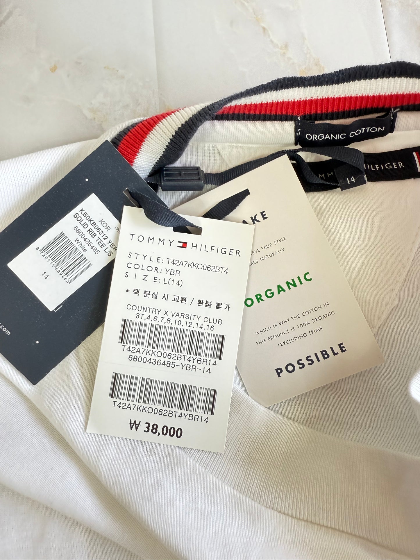 【TOMMY HILFIGER】トミー ヒルフィガー オーガニックコットン 長袖Tシャツ 164（L相当）ホワイト クルーネック 刺繍フラッグロゴ