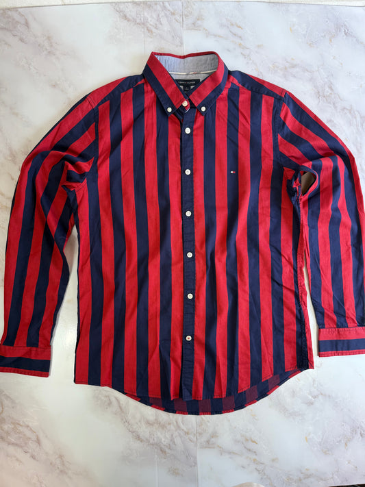 【TOMMY HILFIGER】トミーヒルフィガー スリムフィット 長袖シャツ レッド×ネイビー ストライプ メンズ Mサイズ